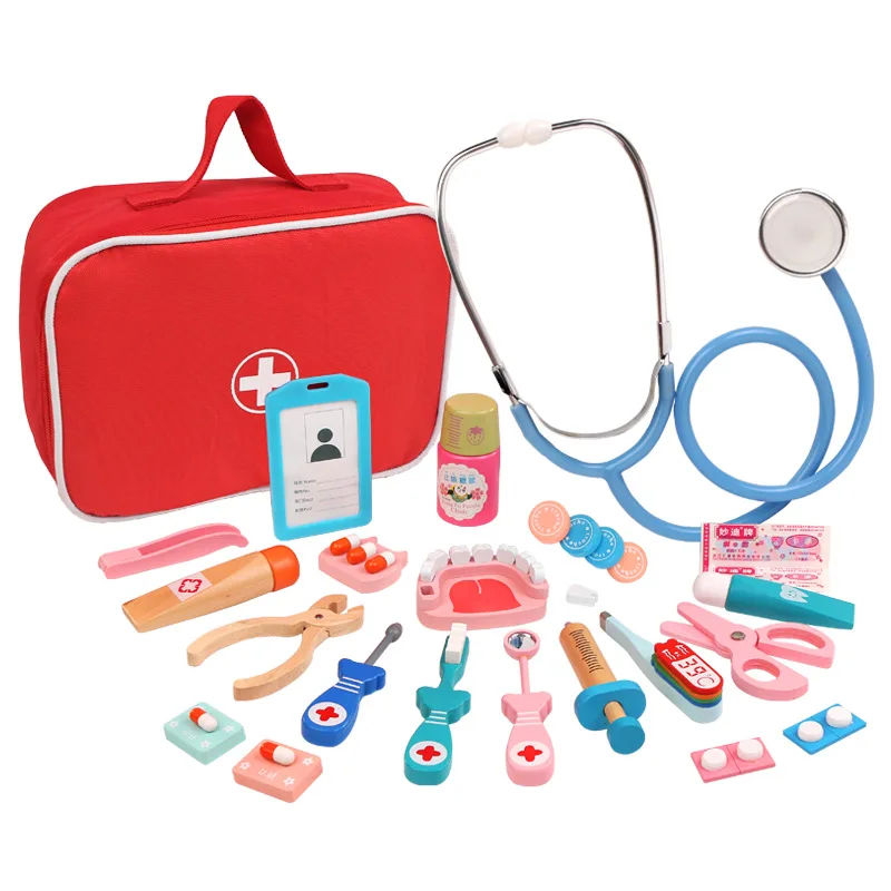 Wooden Pretend Play Doctor Educational Toys for Children Medical Simulation Medicine Chest Set for