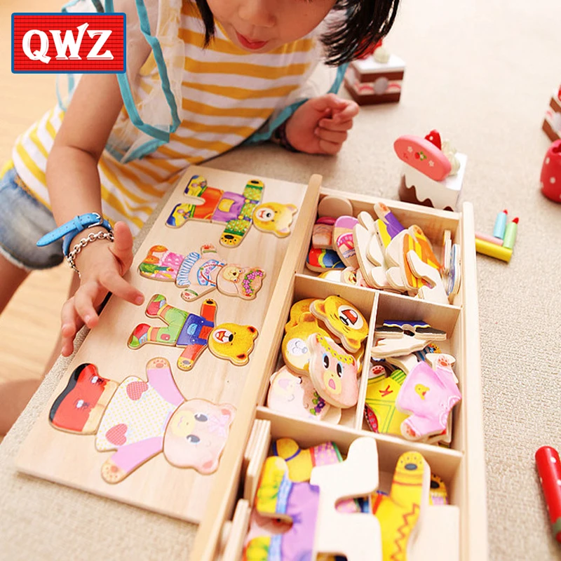 QWZ Little Bear Change Clothes Children's Early Education Wooden Jigsaw Puzzle Dressing Game Baby