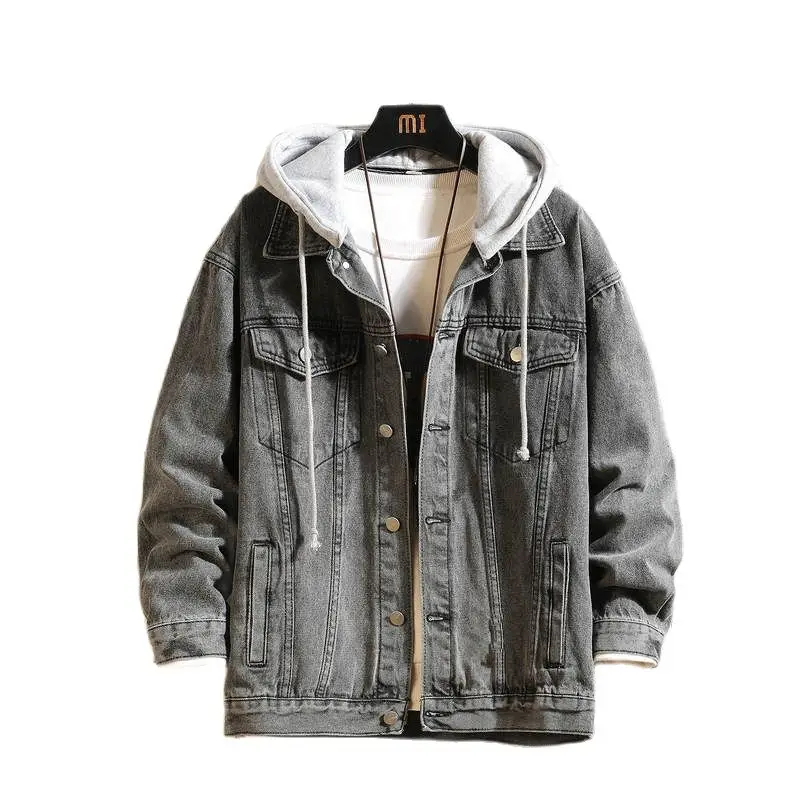 Denim Jacket Men Hooded Casual Men Jean Jackets Streetwear Solid Color Turn Down Collar Denim Coats
