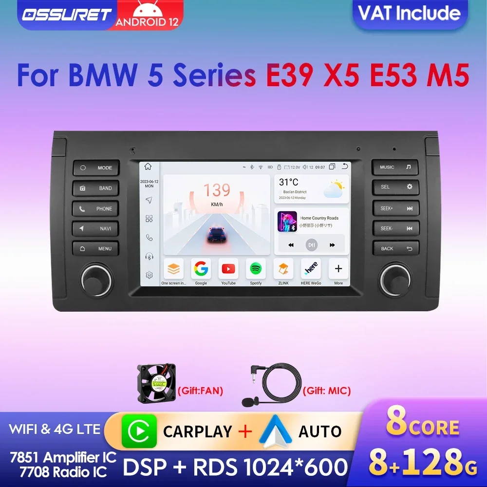 7 "2 din 8 core carplay auto multimedia player für bmw 5 series e39 x5 e53 m5 android 12 auto radio