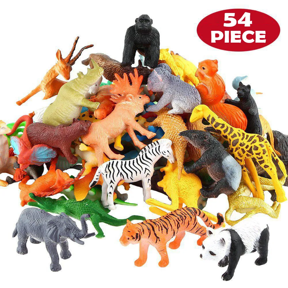 54 Pcs Mini Jungle Animal Toys Set  Realistic Wild Plastic Animals Learning Toys Elephant Gazelle