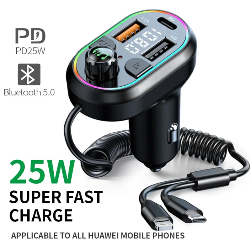 Car Bluetooth 5.0 FM Transmitter Wireless Audio Receiver Car MP3 Player 25W PD Fast Charge With