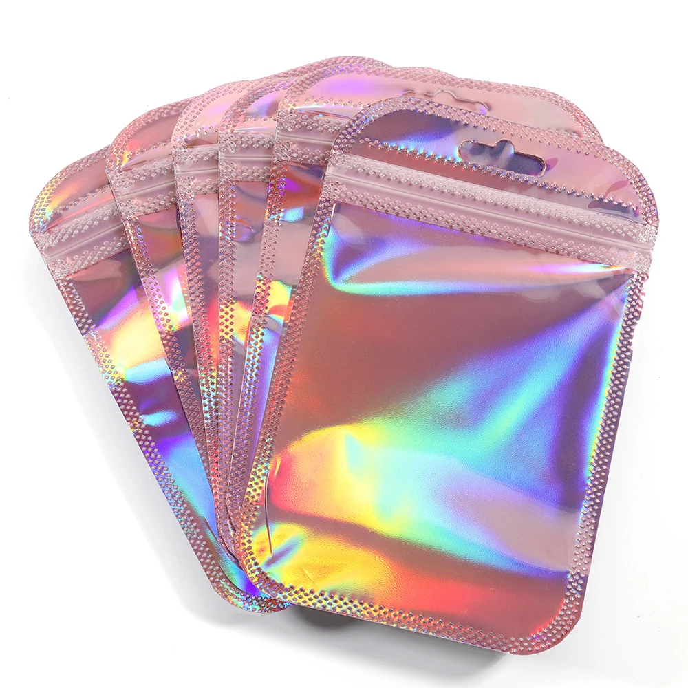 50 stuks iriserende zelfsluitende zakken roze laser plastic zakjes hersluitbare ritssluiting verpakking voor sieraden display re