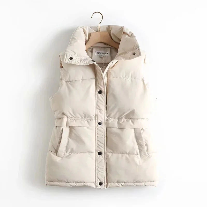 Autumn Winter Women Solid Loose Vest Drawstring Stand Collar Long Vest Jacket  Cotton Padded Women