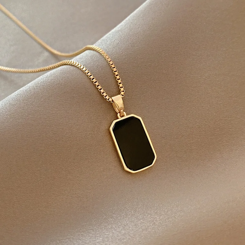 DIEYURO 316L Stainless Steel Minimalist Rectangular Pendant Korean Black Epoxy Women's Gold Necklace