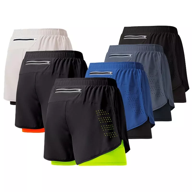 Men's Running Shorts Quick-drying Fitness Black Double Layer Shorts Men New Sport Workout Training