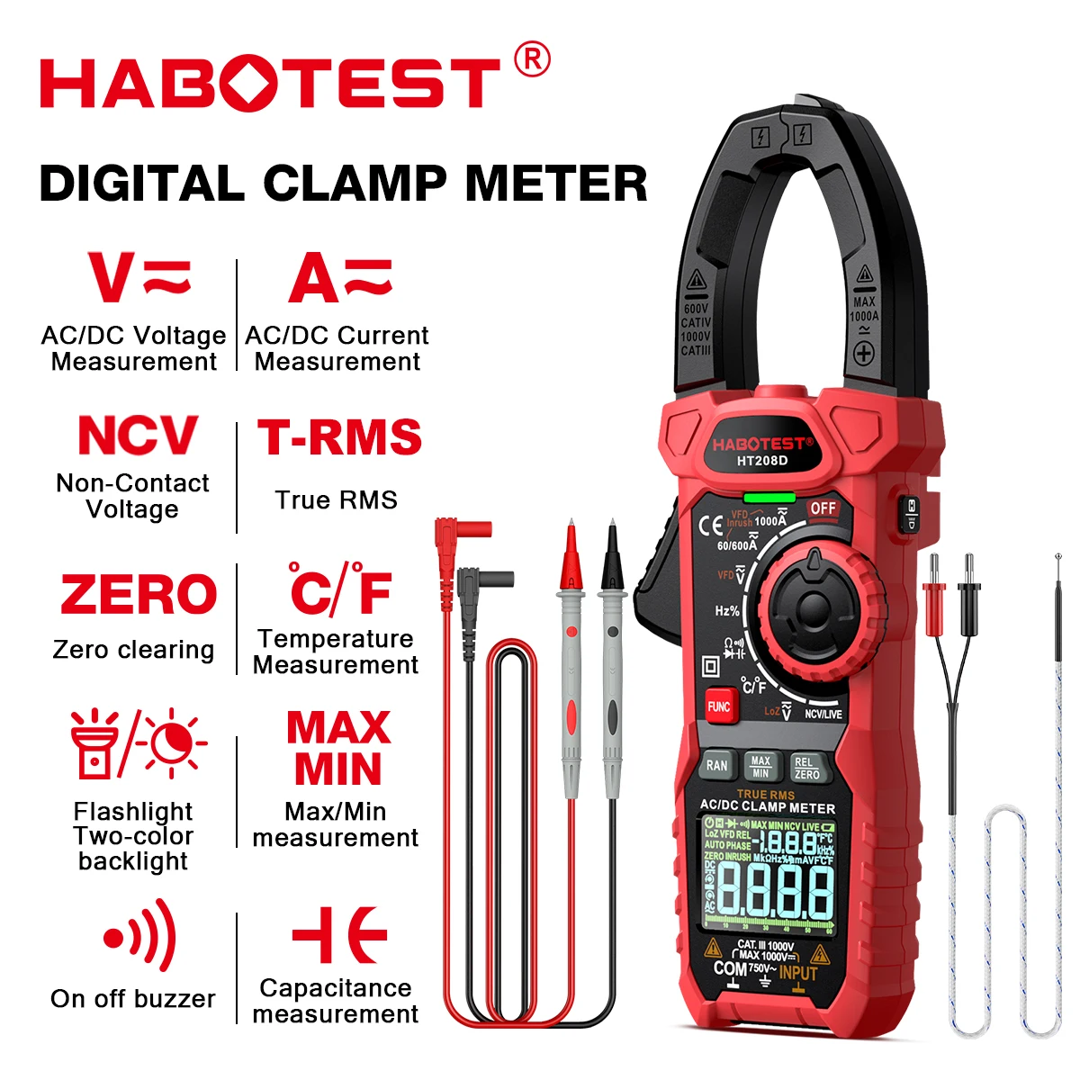 HABOTEST HT208 Digitales Zangenmessgerät 1000 A 1000 V Multimeter AC DC True RMS Amperimetrica