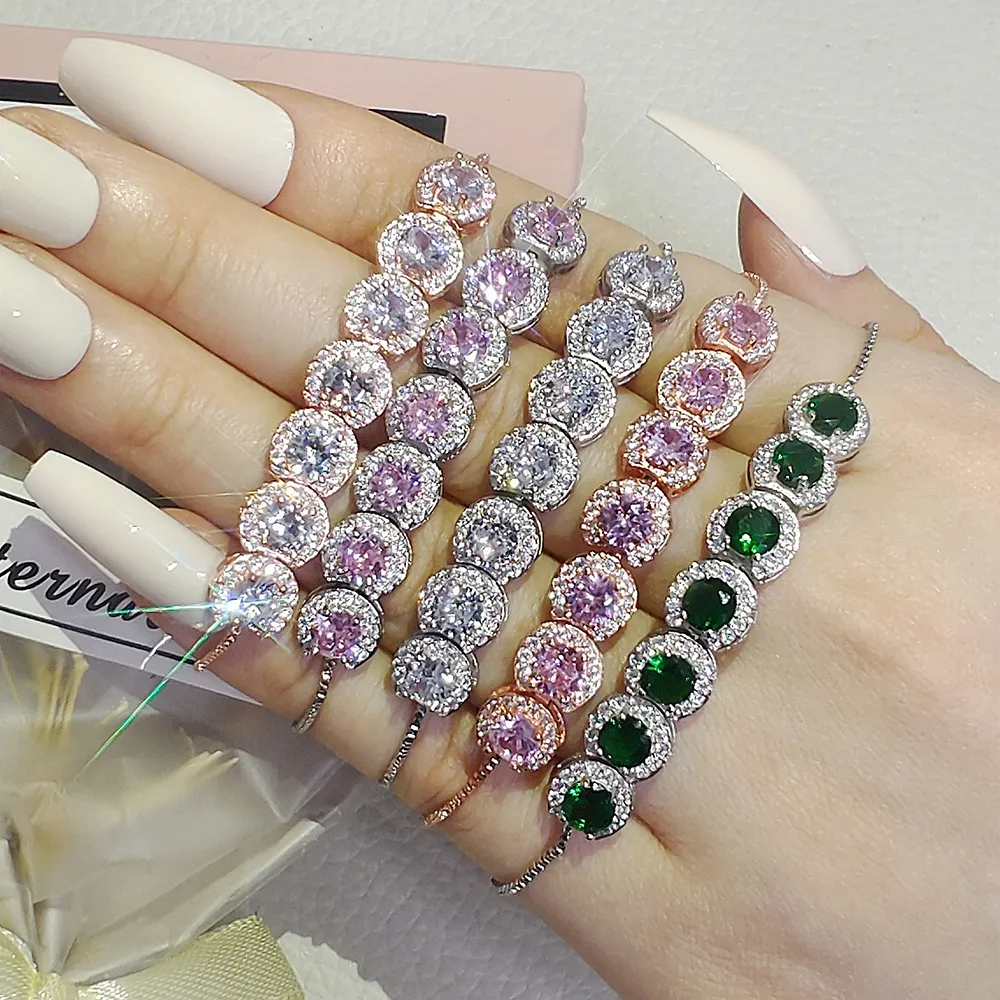 2023 New Luxury Green Pink Rose Gold Silver Color CZ Bracelet Bangle for Wedding Women on Hand Gift