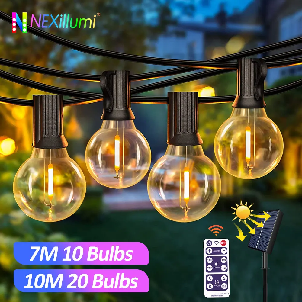 Solar String Lights Outdoor G40 Patio Lights,USB Recharger, 8Light Mode ,Shatterproof Bulbs ,