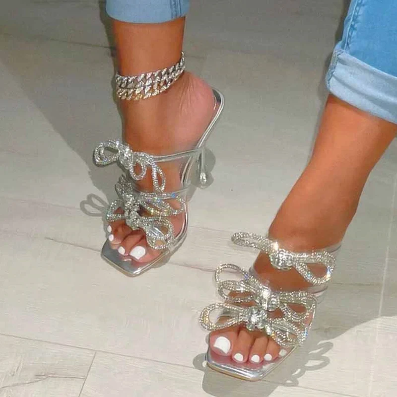 Liyke Fashion Gold Glitter Rhinestones Women Slippers Summer Crystal Bowknot High Heels Party Prom