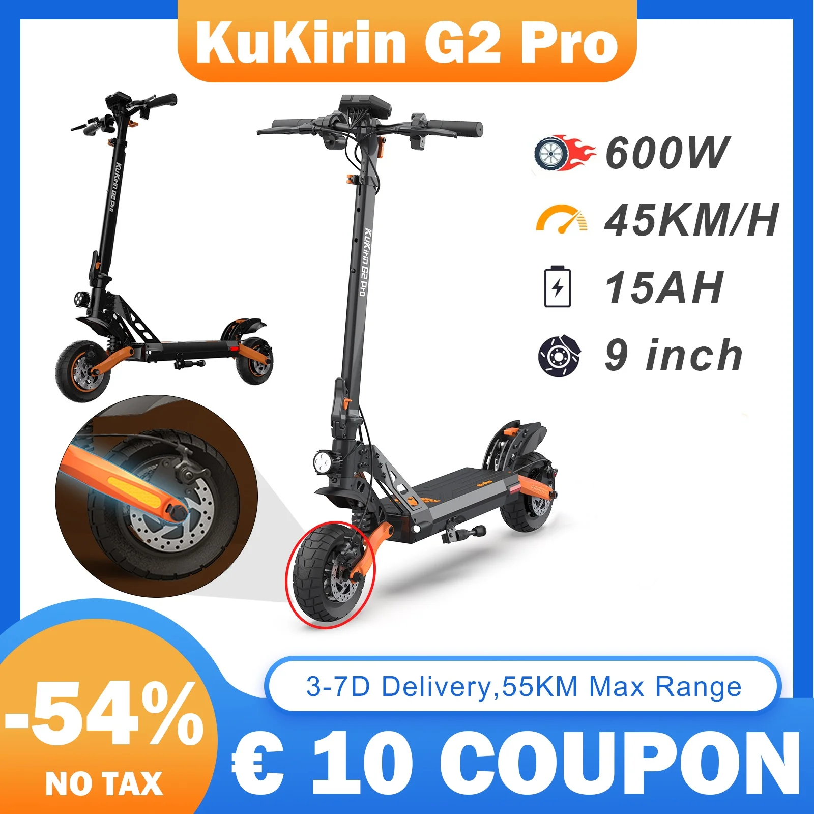 Kukirin G2Pro 600W Elektrische Roller 9 Zoll Anti-überspringen Reifen 15AH 45 KM/H 55KM Super