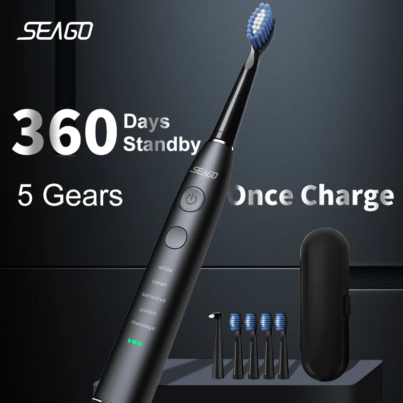 Seago Electric Sonic Toothbrush USB Rechargeable Adult 360 Days Long Battery Life IPX7 4 Replacement