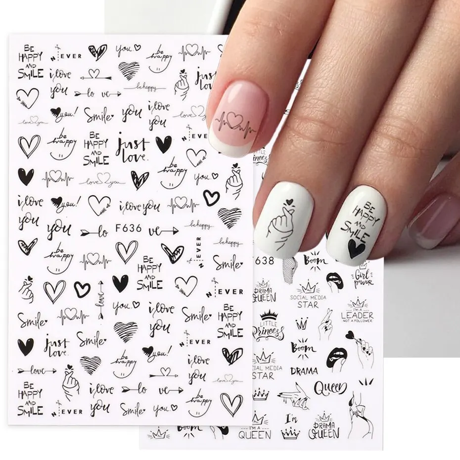 2pcs Heart Love Design 3D Nail Art Stickers English Letter Cool Girl Face Sliders Valentine Day