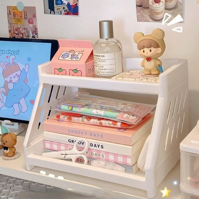 Kawaii Double Layers Desktop Storage Shelves Stationery Organizers Rack Large-capacity File Storage