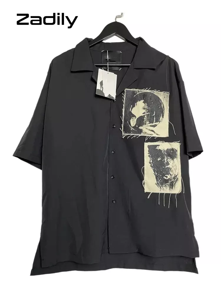 Zadily 2022 Summer Y2k Short Sleeve Shirt Women Patch Designs Button Up Loose Blouse Tunic Gothic