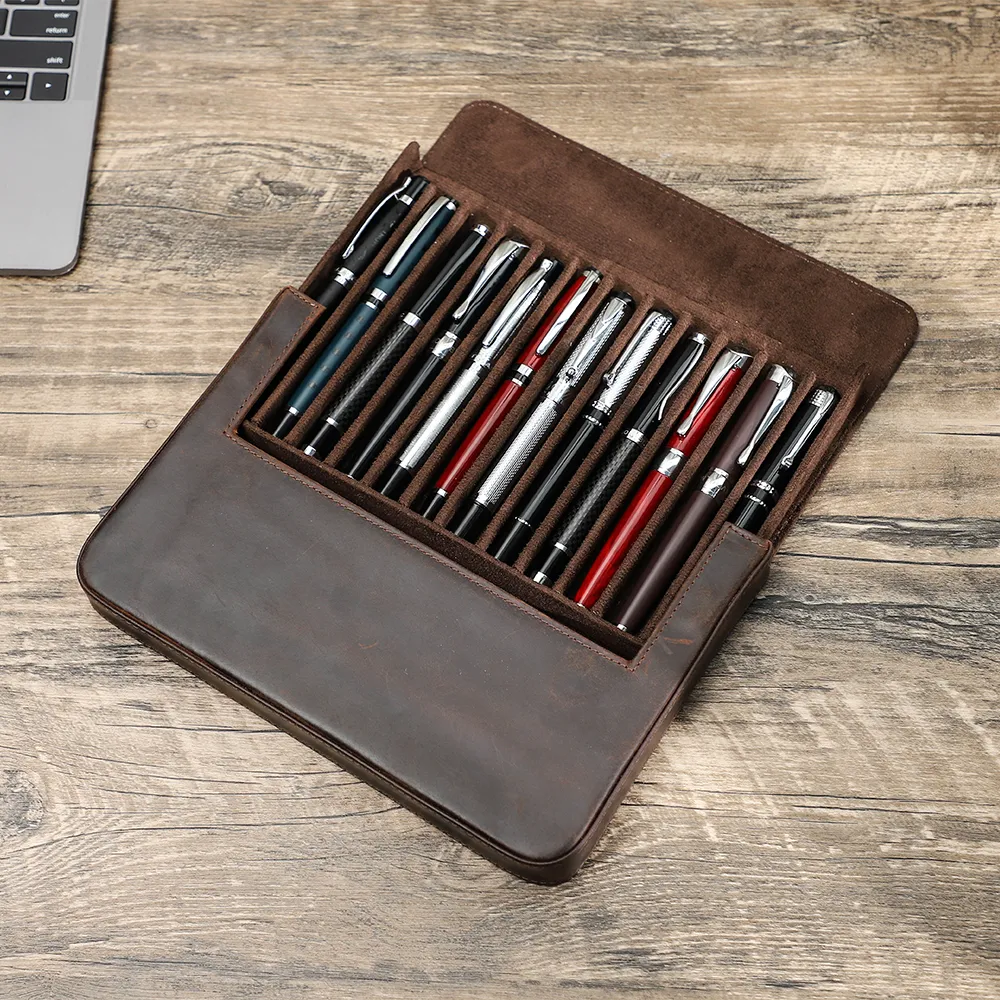 Luxury Genuine Leather 12 Slots Fountain Pen Case Box Office School Stationery Pen Storage Pouch