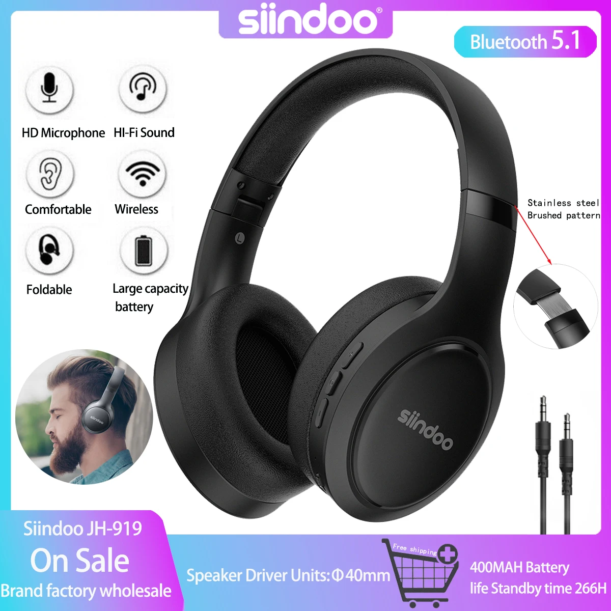 Siindoo JH-919 Wireless Bluetooth Headphones Foldable Stereo Earphones Super Bass Noise Reduction
