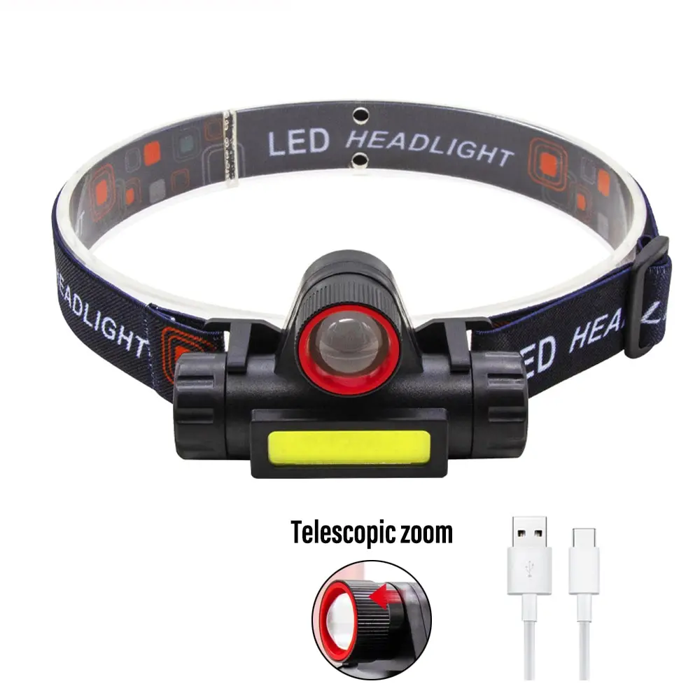 Rechargeable Fishing LED Headlamp Camping Headlight XPE COB Work Light 2 Lighting Modes With Tail