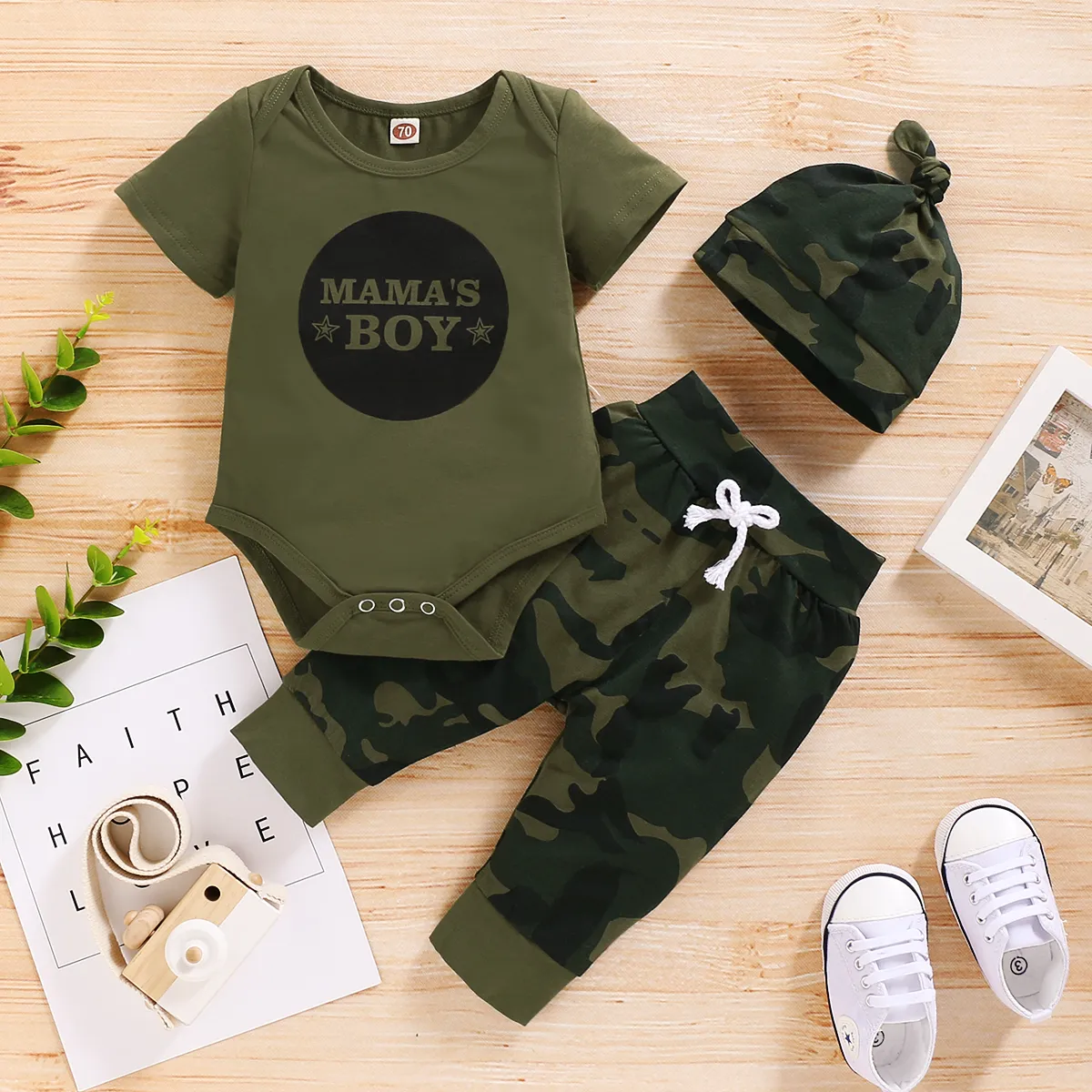 0-18 Months Newborn Baby Boy Clothes Set Letter Print Short Sleeve Bodysuit+Camouflage Pants+Hat