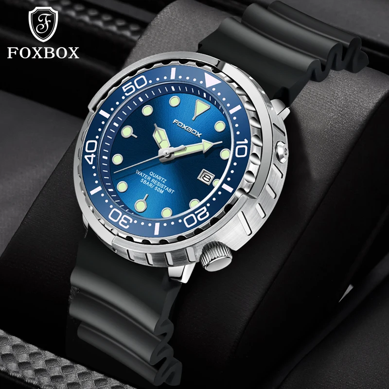 FOXBOX  Top Brand Fashion Diver Watch Men 50ATM Waterproof Date Clock Sport Watches Mens Quartz
