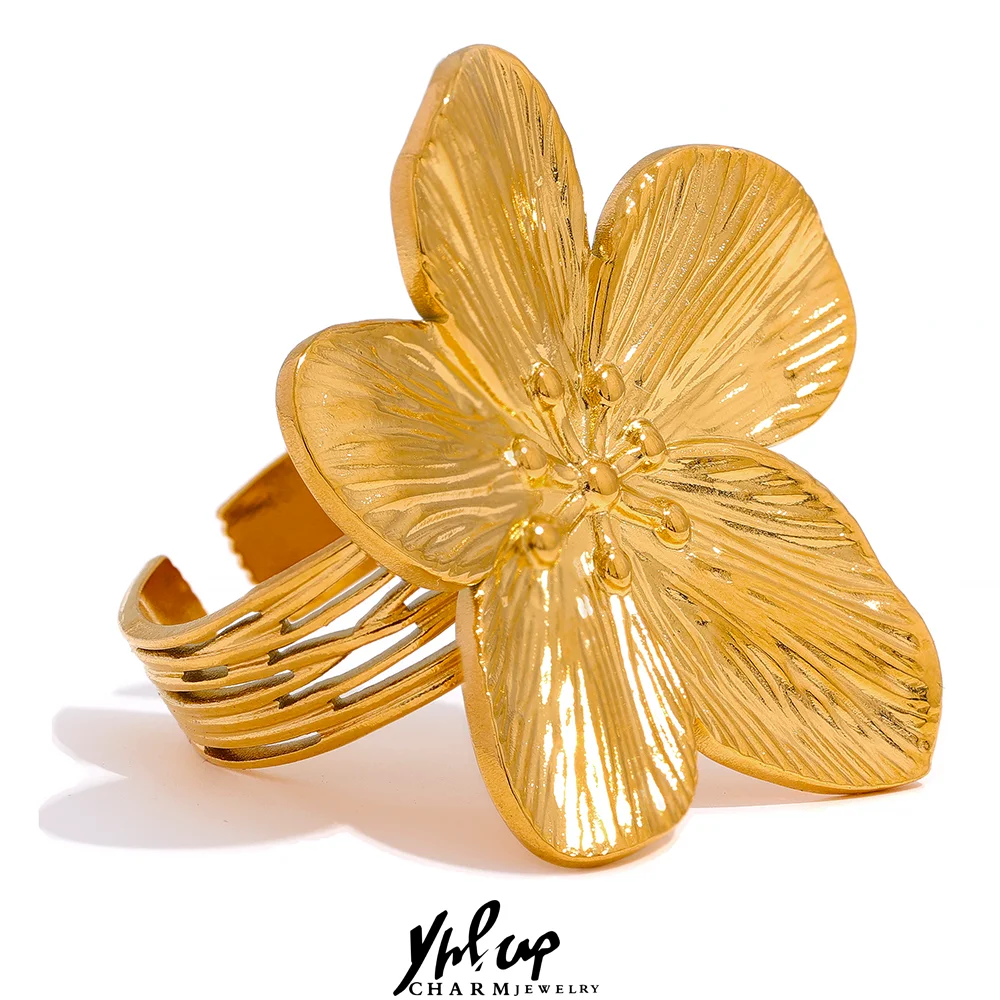 Yhpup Waterproof 18K Gold Color Stainless Steel Flower Big Open Ring for Women Trendy Fashion Party