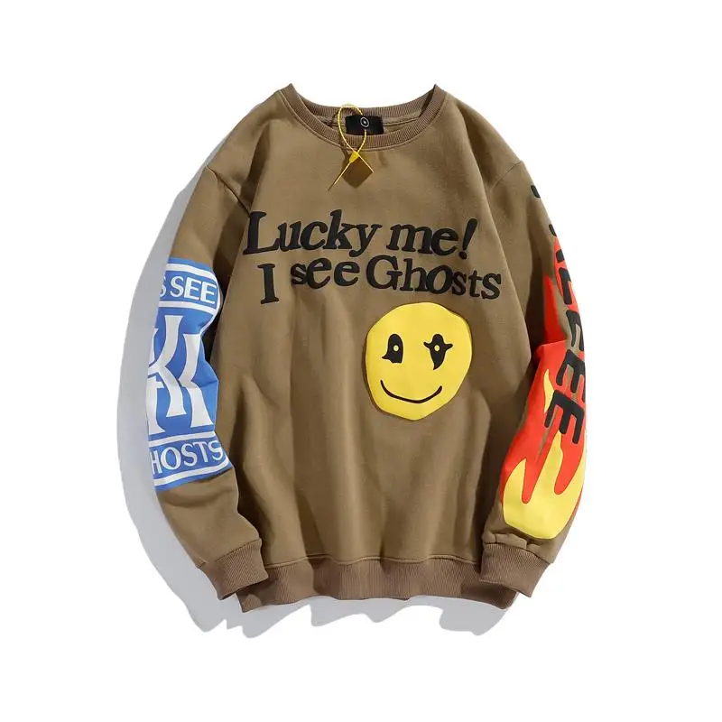 Harajuku Retro Letter Flame Puff Print Round Neck Sweatshirts for Men and Women Plus Velvet