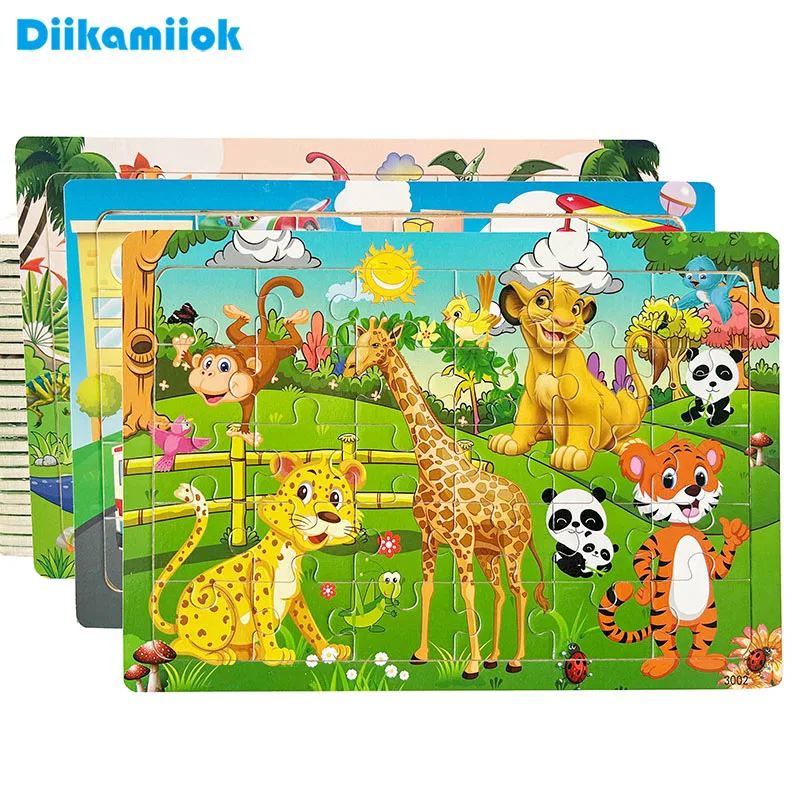 30 Pieces Wooden Jigsaw Puzzle Kids Cartoon Animal Vehicle Puzzles Games Baby Early Learning