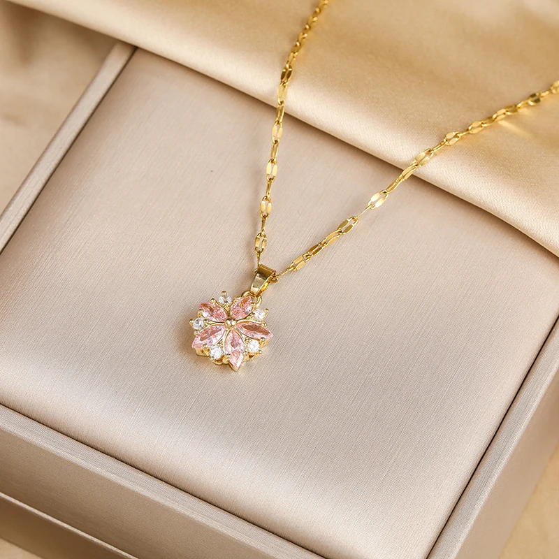 New Cute Romantic Pink Sakura Pendant Stainless Steel Necklaces For Women Korean Fashion Female Sexy