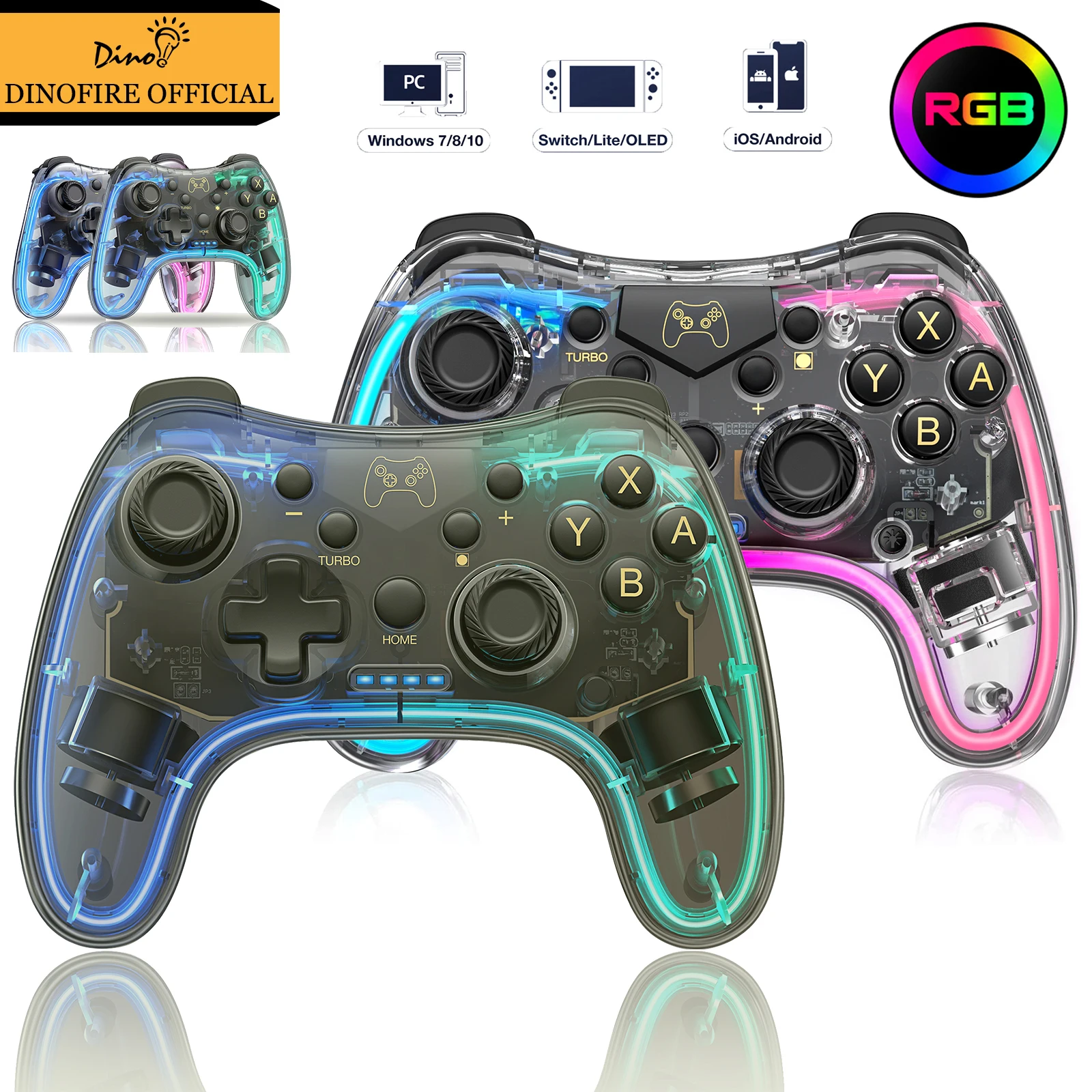Dinofire controlador sem fio transparente para nintendo switch game/ios/android/pc multi-plataforma