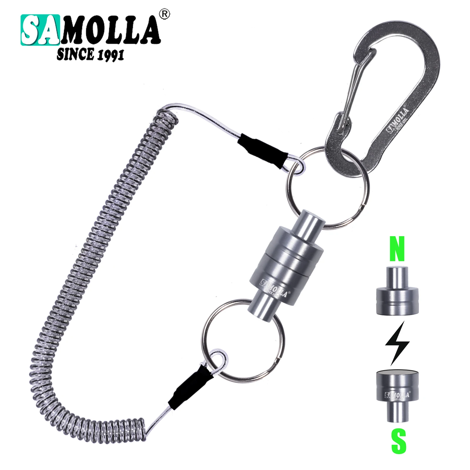 Magnetic Net Release Holder With Coiled Lanyard Fly Fishing Tools Strong Magnet Carabine Fast Buckle