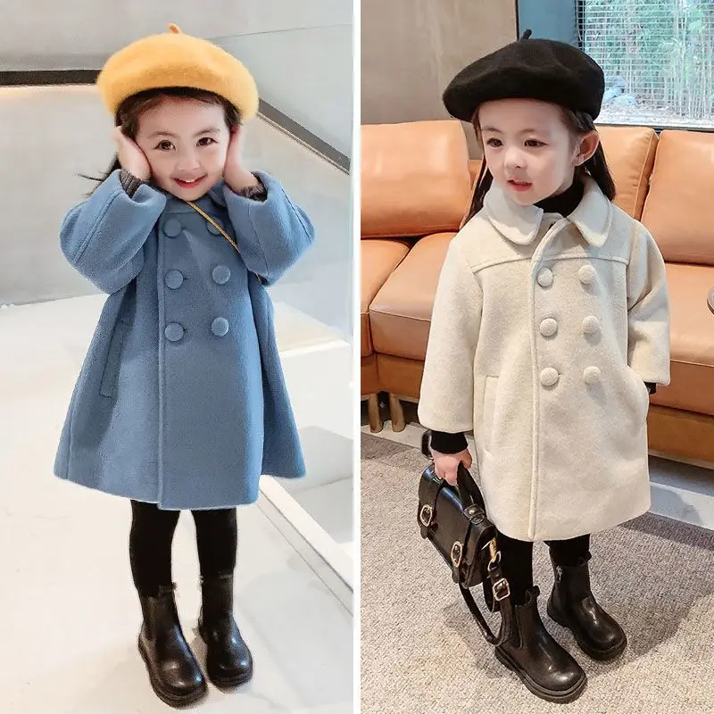 Double Breasted Girls Woolen Coats Autumn Winter Trench Jacket Coat 2-6Yrs Children Clothes For Kids