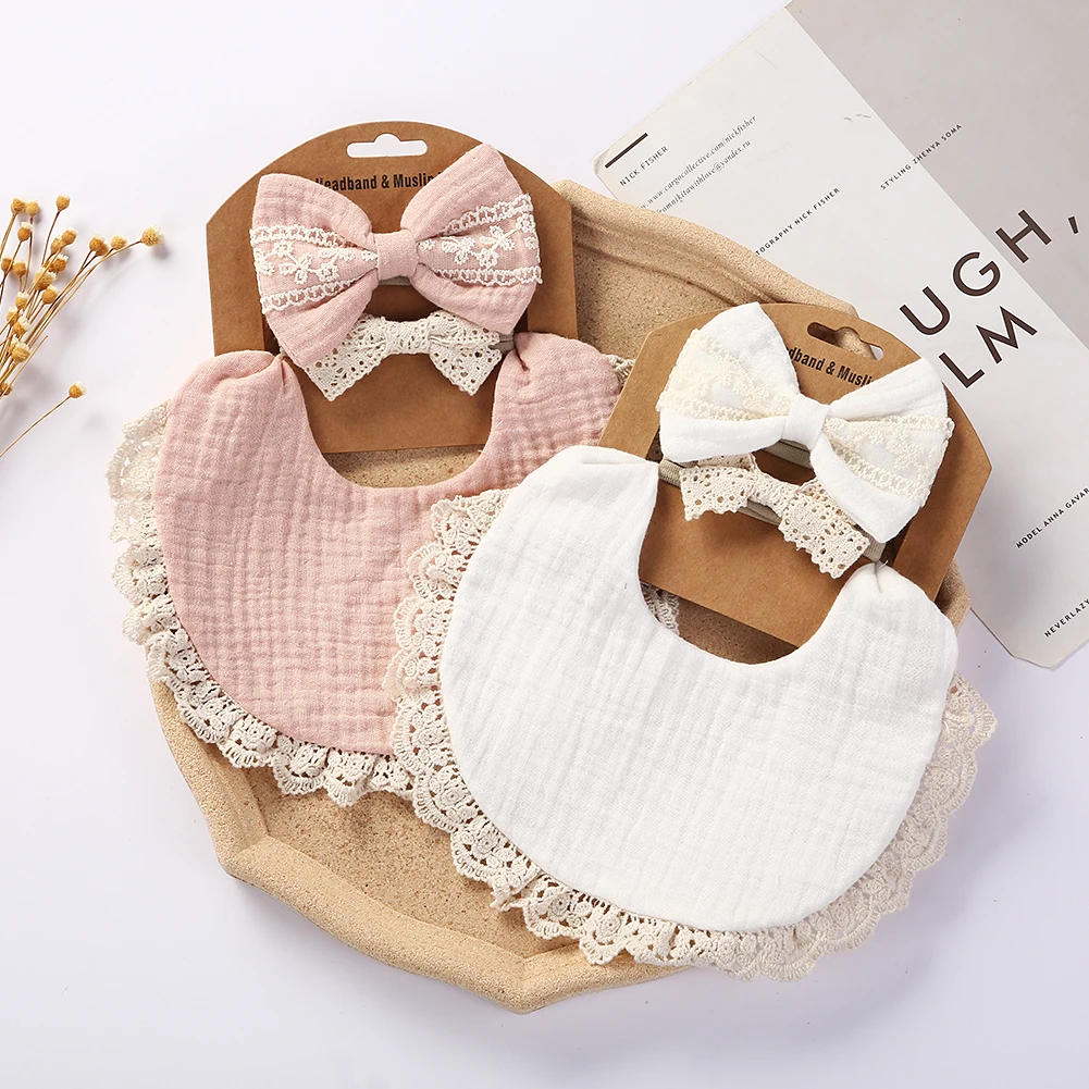 3Pcs/Set Solid Muslin Cotton Bamboo Baby Bib Tassel Lace Boy Girl Feeding Drool Saliva Towel Burp