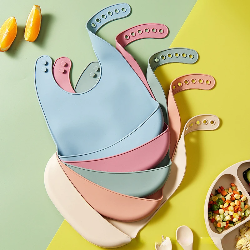 Baby Silicone Bibs Babies Waterproof Bib Solid Color 6-speed Adjustment Saliva Pocket Children's