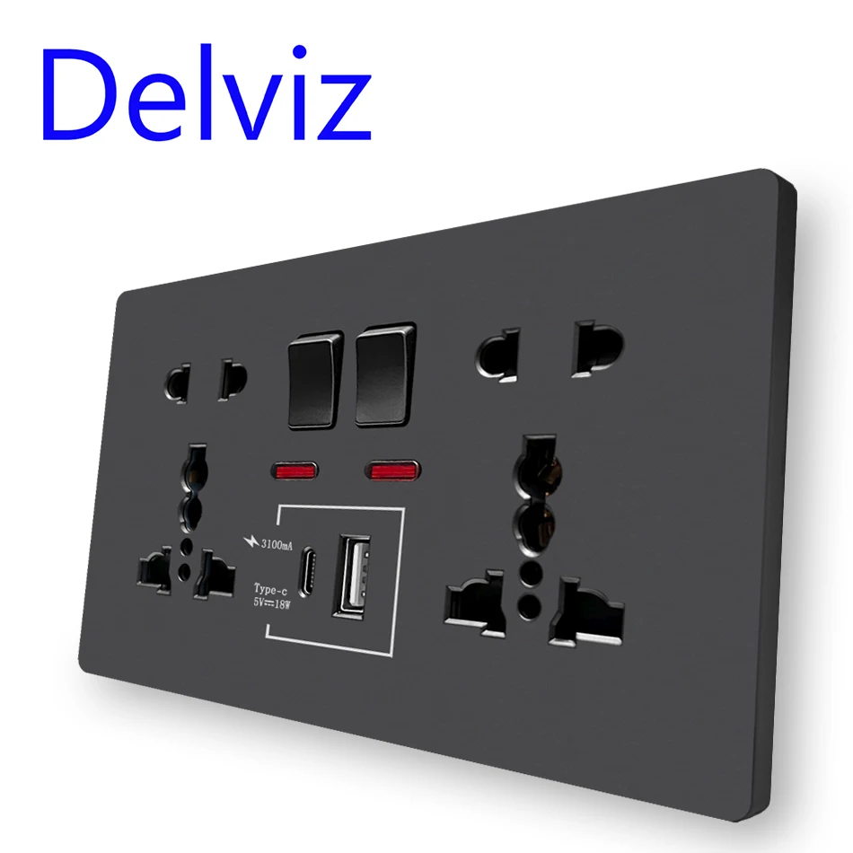 Delviz Wall Quick charge Socket, 18W Type-C Ports, Dual Switch control Universal Power outlet, UK