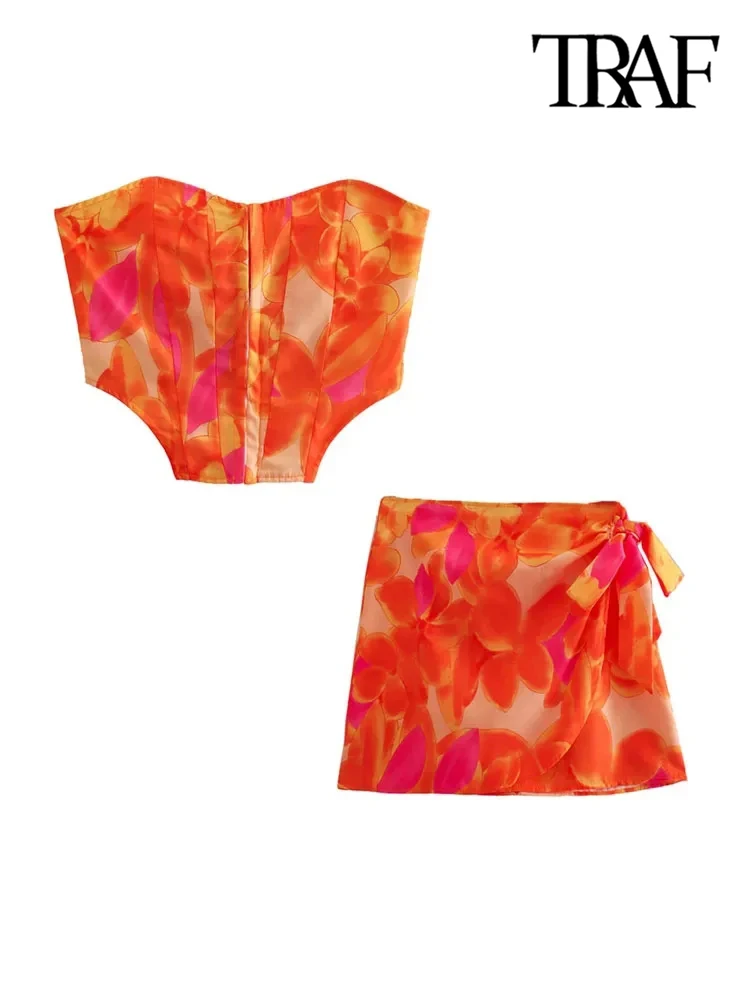 TRAF Women Fashion Front Metal Hooks Printed Bustier Tops And High Waist With Bow Tied Mini Skirt