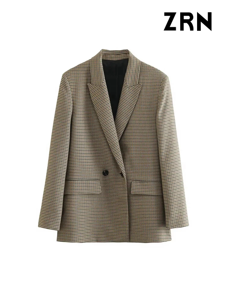 ZRN Women Fashion Double Breasted Plaid Blazer Coat Vintage Long Sleeve Flap Pockets Female
