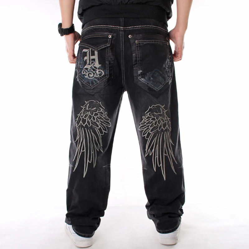 Nanaco Man Loose Baggy Jeans Hiphop Skateboard Denim Pants Street Dance Hip Hop Rap Male Black