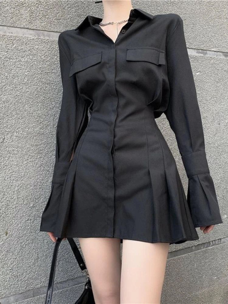 HOUZHOU Black Shirt Dress Women Elegant Vintage Long Sleeve Dresses Sexy Gothic Pleated Streetwear