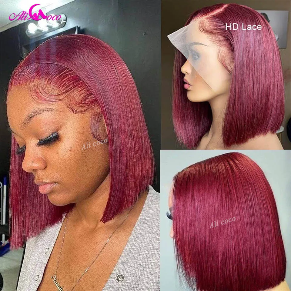 180% Density 99J Burgundy Short Bob Wig Human Hair 13X4 Lace Frontal Wigs For Women Natural Color