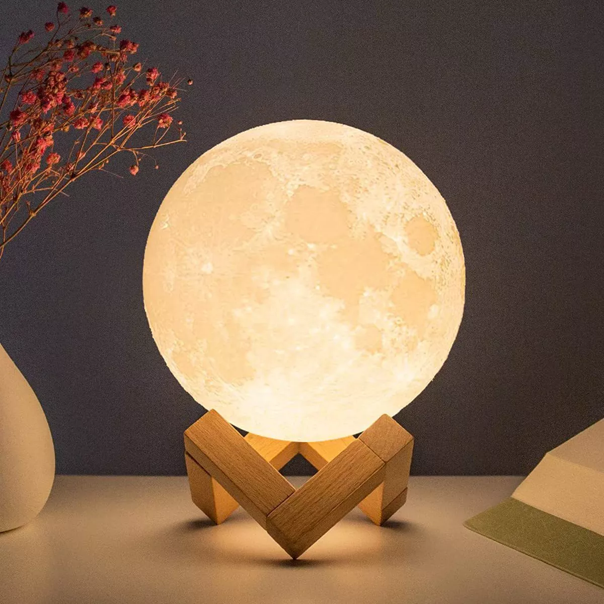 8cm Moon Lamp LED Night Light Battery Powered With Stand Starry Lamp Bedroom Decor Night Lights Kids