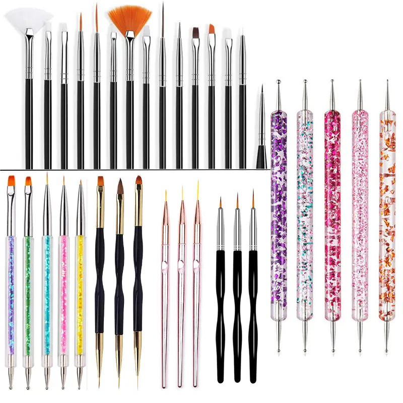 5/20Pcs Nail Art Brush Design Tip Painting Drawing Carving Dotting Pen FlatFan Liner Acrylic Gel UV