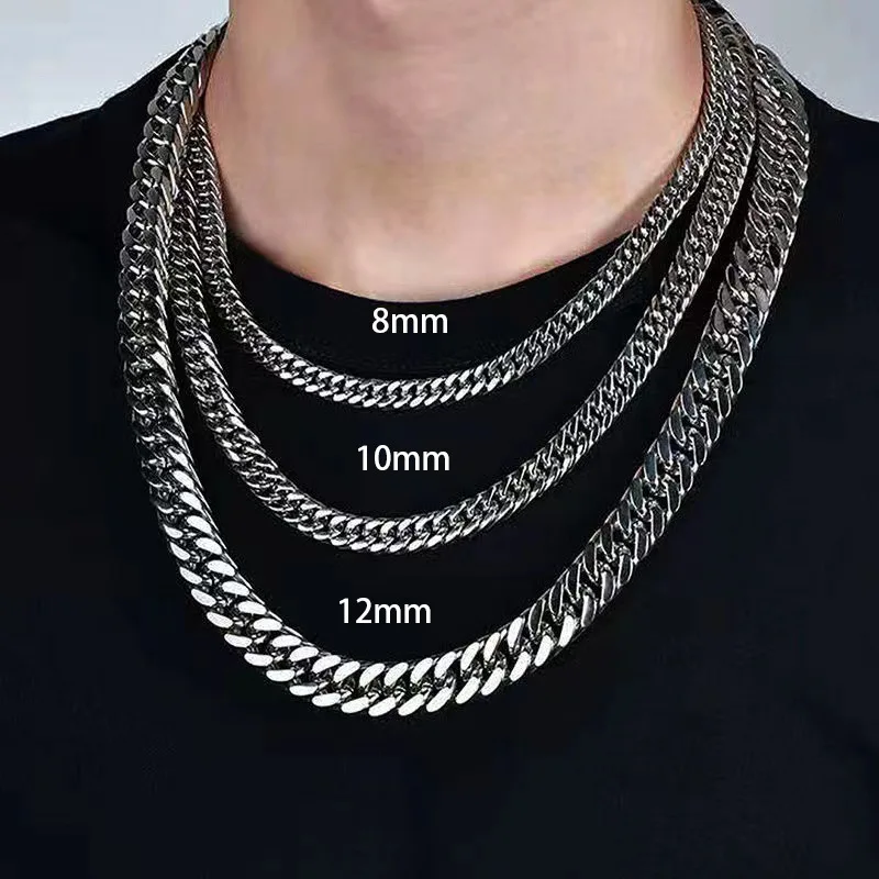HNSP 8mm-14mm Thick Stainless Steel Cuban Chain Necklace For Men Punk Neck Male Chains Jewelry