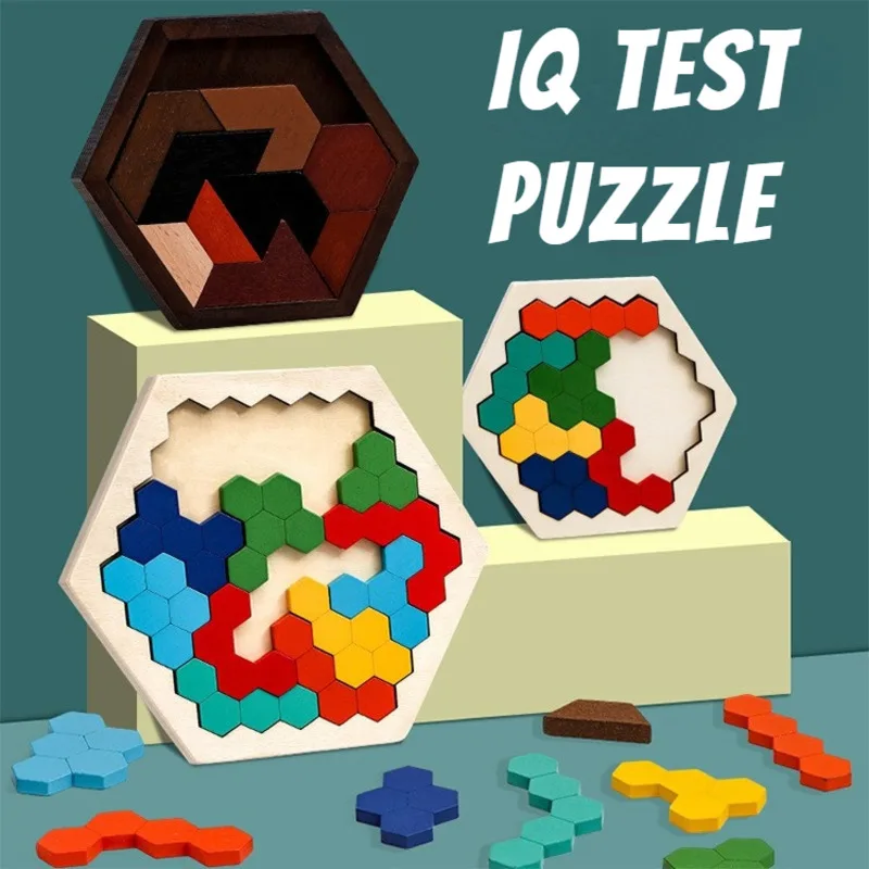 3D Hexagonal Wooden Puzzles Educational Toys For Children Kids Preschool Tangram Board Brain IQ Test
