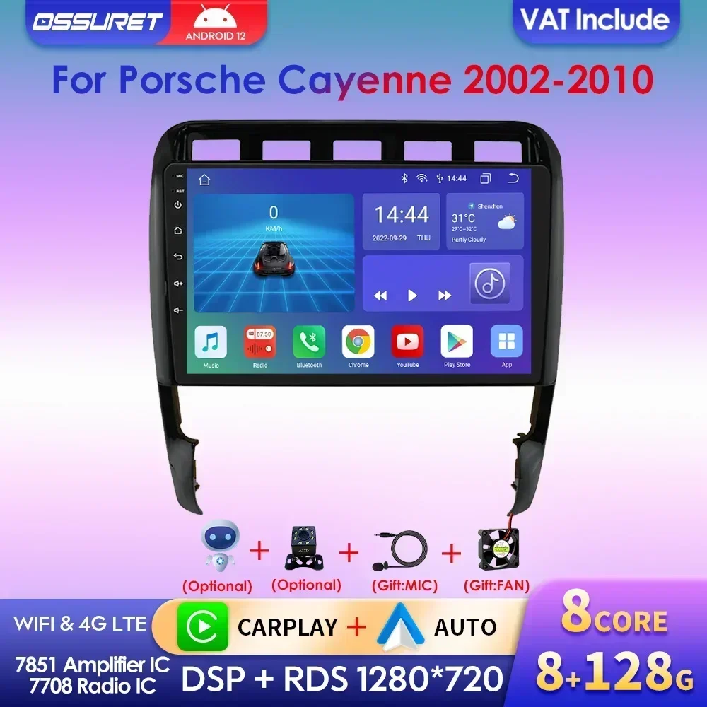2 Din Octa Core Carplay Android 12 Multimedia-Player für Porsche Cayenne 2002-2010 Autoradio GPS RDS