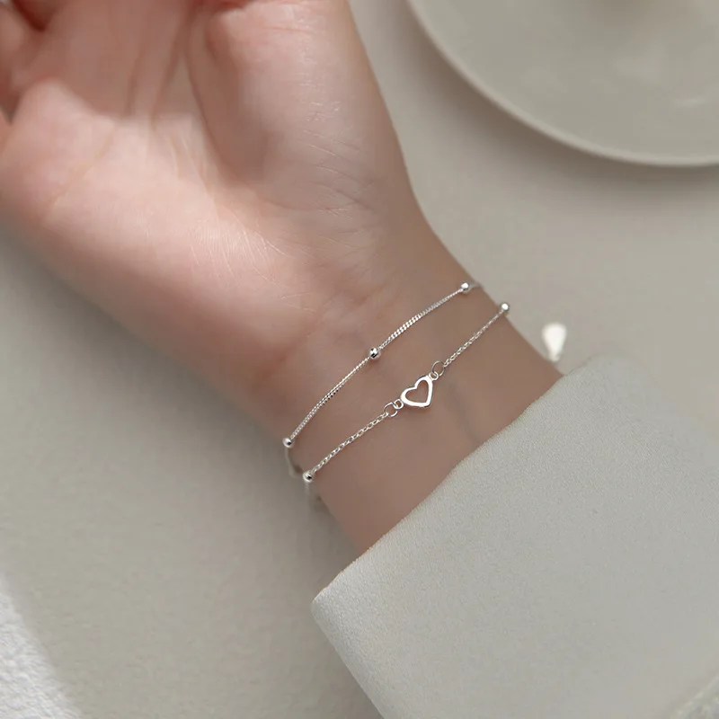VENTFILLE Silver Double Love Heart Hollow Round Beads Bracelet Female Fashion Romantic Jewelry