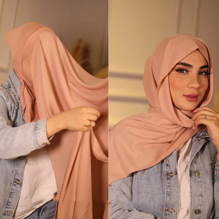 Instant Hijab Muslim Women Heavy Chiffon Shawl With Elastic Jersey Inner Cap Headwrap 1.8X0.7M