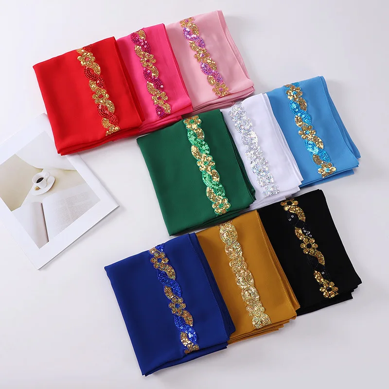 New Muslim Women's Headscarf Heavy Chiffon Shawl Hijab With Colorful Sequins Lace Wrap For Luxury
