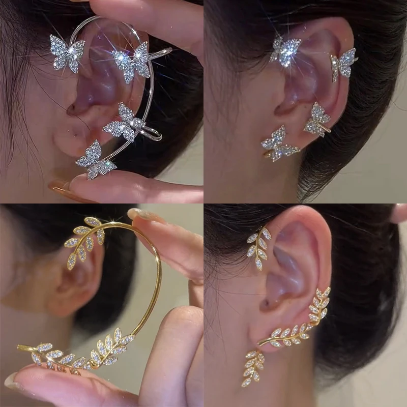 Silver Plated Metal Leaf Butterfly Clip Earrings for Women Ear Clips Without Piercing Sparkling