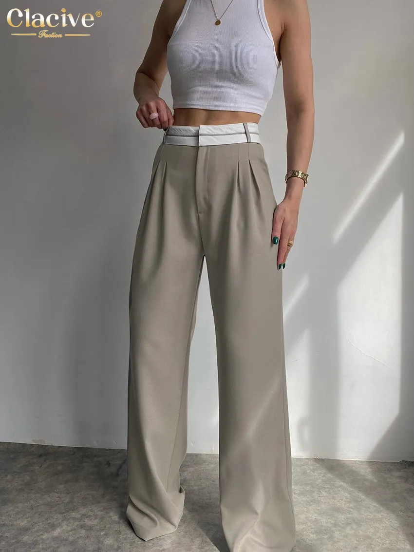 Clacive Elegant Loose Gray Office Women Pants Fashion High Waist Straight Trousers Casual Chic