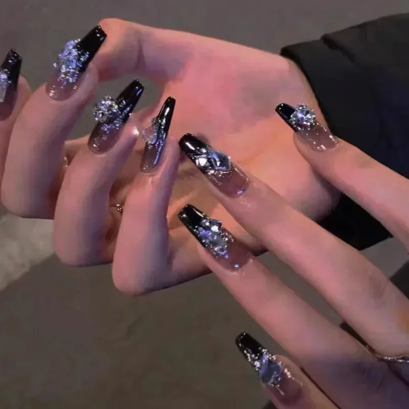 24Pcs False Nails French Gradient Ballet Fake Nails Press on Nails Black Heart Rhinestone Design